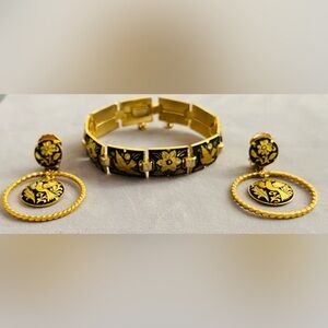 DAMASCENE LINK BRACELET & HOOP CLIP EARRINGS/NEW/DOVE GOLD INLAY ON BLACK/SPAIN/